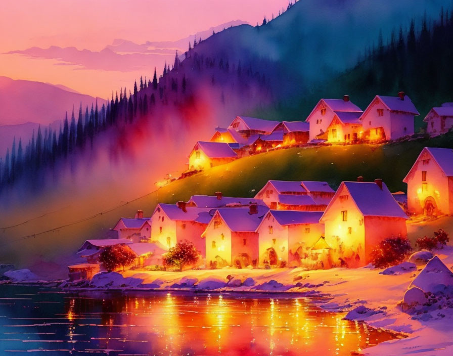 Twilight village scene with illuminated houses and misty hills