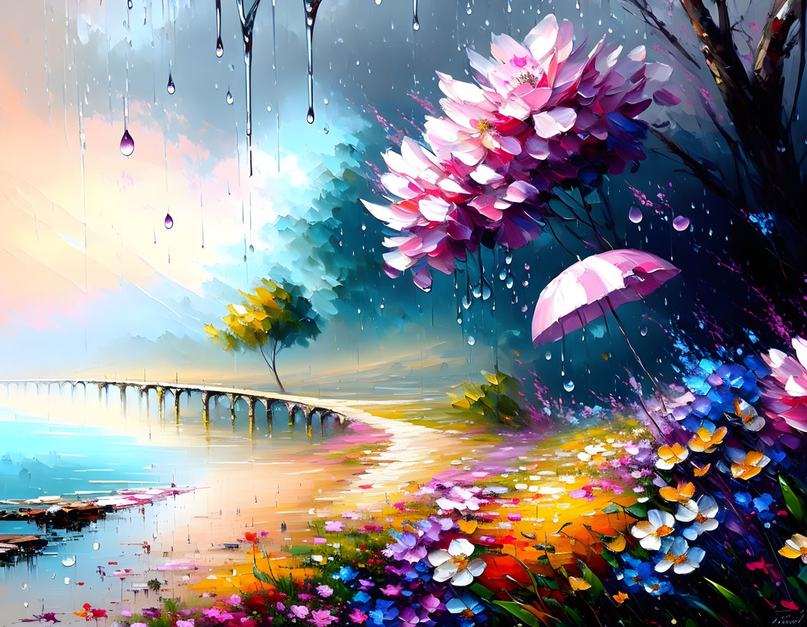 Colorful Rain-Soaked Landscape with Flowers, Pink Umbrella, and Bridge