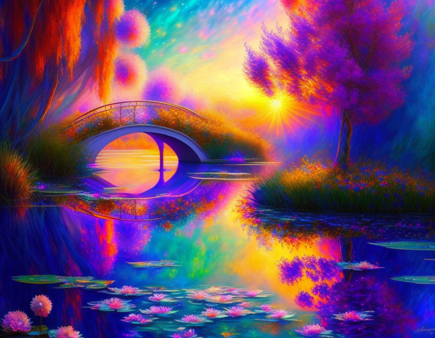 Colorful Landscape: Small Bridge Over Tranquil Pond, Water Lilies, Purple Sunset Sky