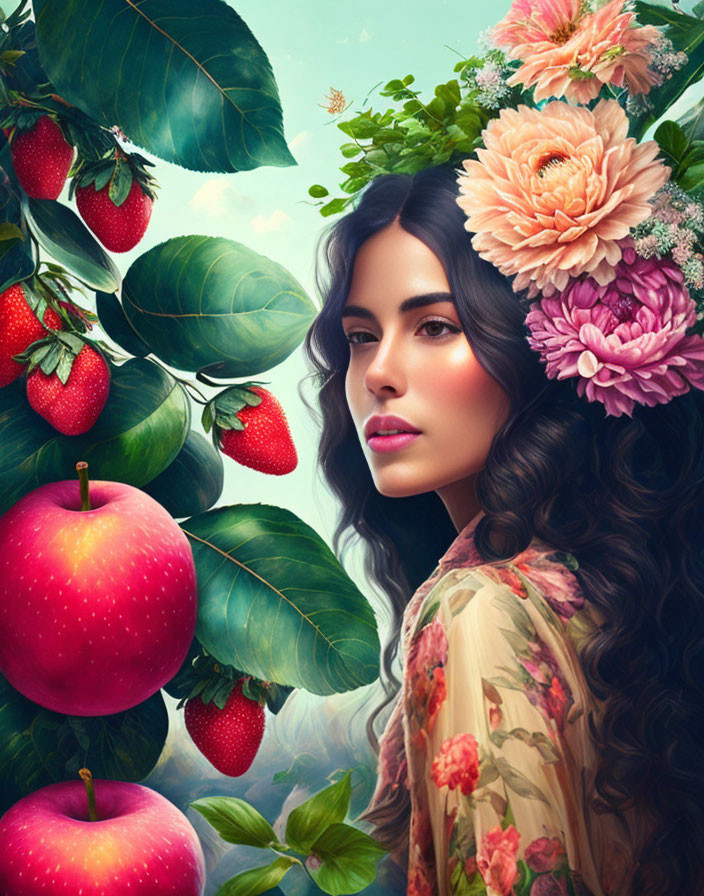 Woman with Flowers in Hair Surrounded by Fruit and Foliage