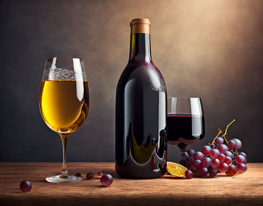 Red and White Wine Bottles, Grapes, Citrus Slice on Wooden Surface