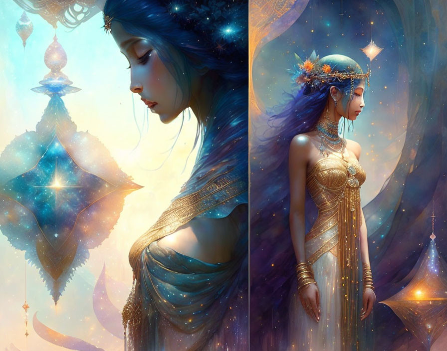 Fantastical illustration: Woman with blue skin in golden attire on celestial background