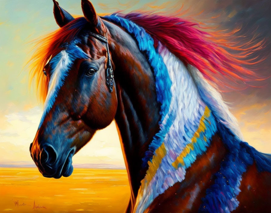 Colorful Horse Painting Against Sunset Background