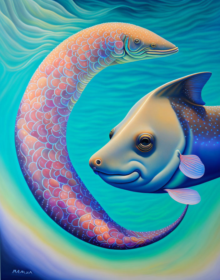 Colorful Stylized Fish Painting on Swirling Background