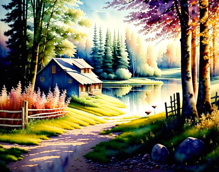 Serene lakeside painting with cottage and lush trees