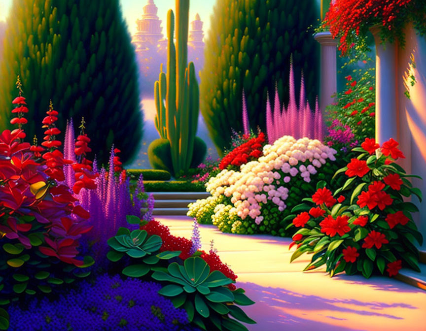 Colorful Flower Garden Leading to Castle at Sunset