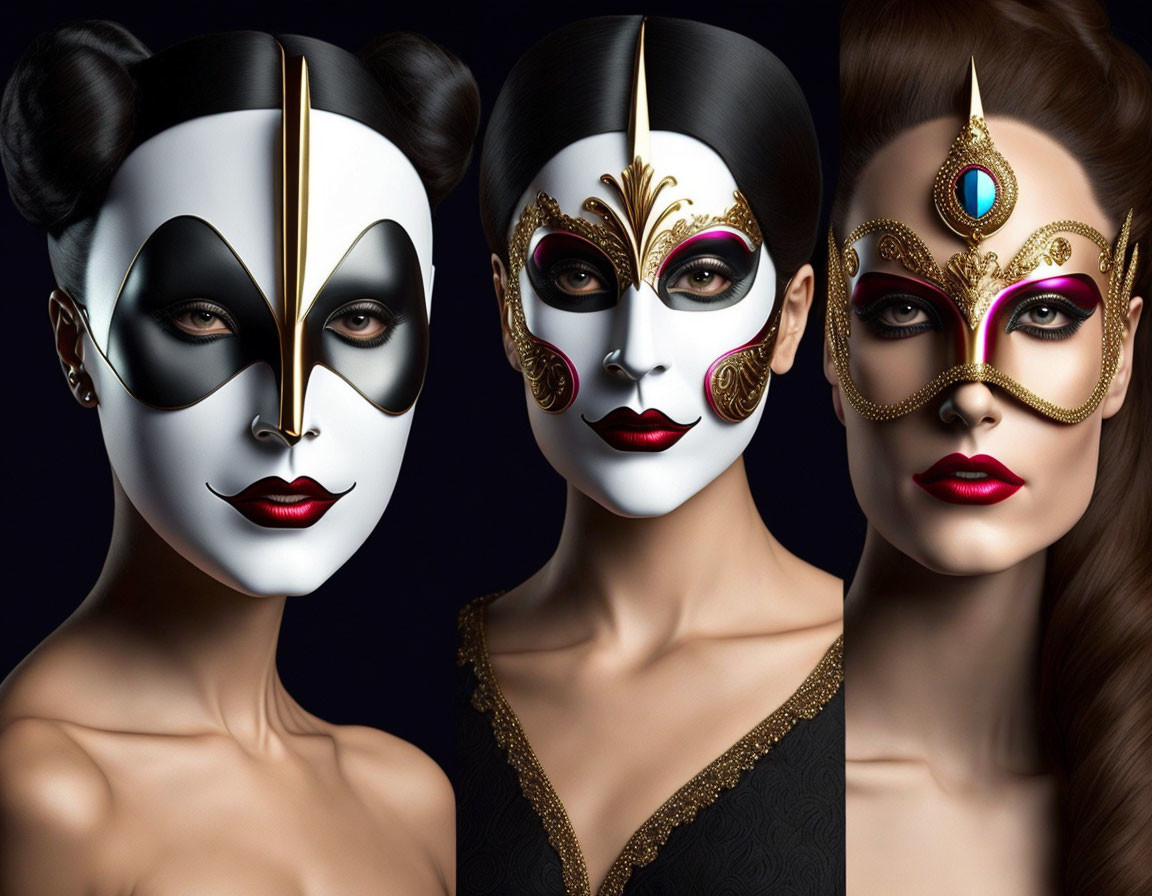 Three women wearing elaborate masquerade masks with intricate designs and decorations on a dark background