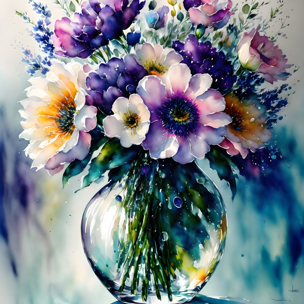 Colorful Watercolor Painting of Flowers in Vase: Blues, Purples, and Water Dro