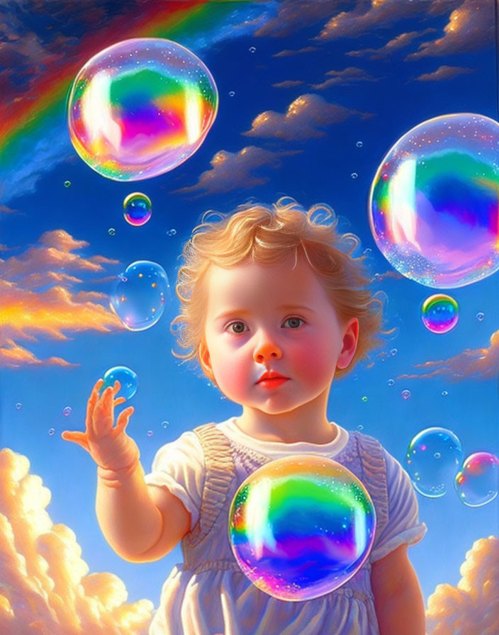 Child with curly hair reaching for iridescent soap bubbles against rainbow backdrop