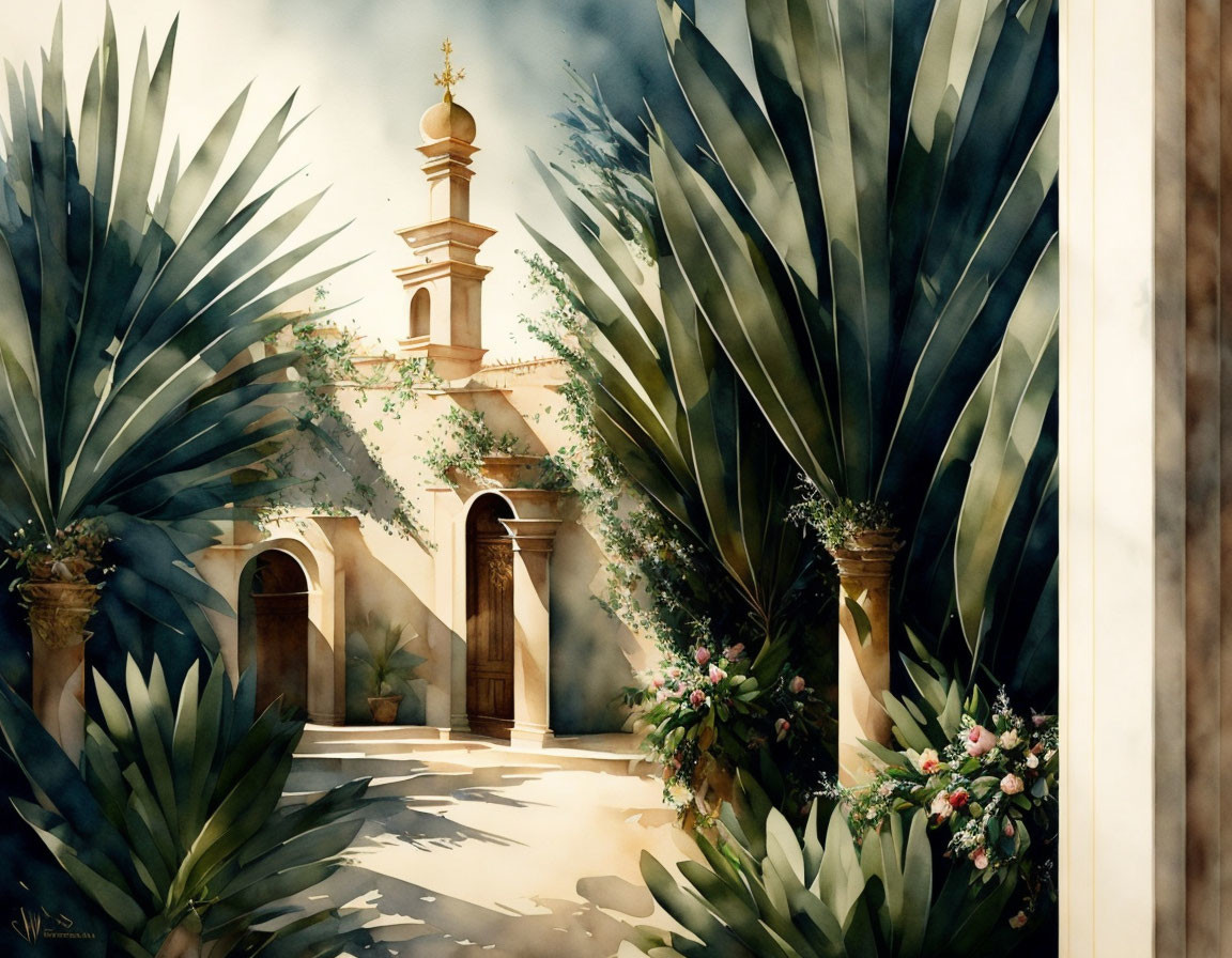 Sunlit Courtyard Watercolor Painting with Lush Greenery and Golden Tower