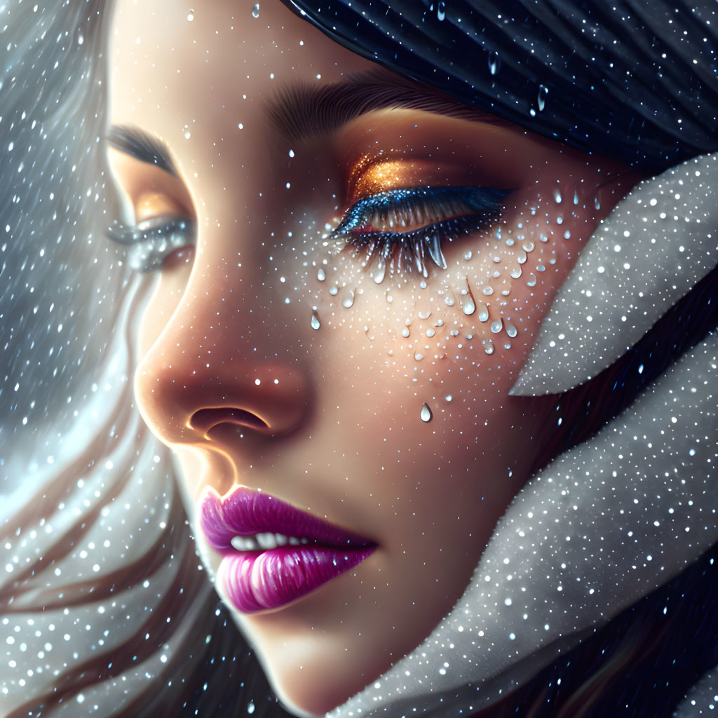 Detailed digital artwork of woman's face with water droplets, blue eyeshadow, pink lips on