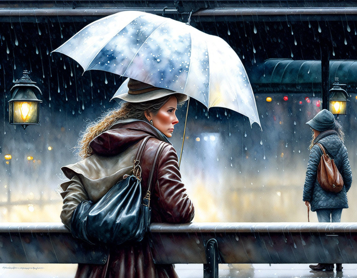 Woman with white umbrella on rainy street under streetlights