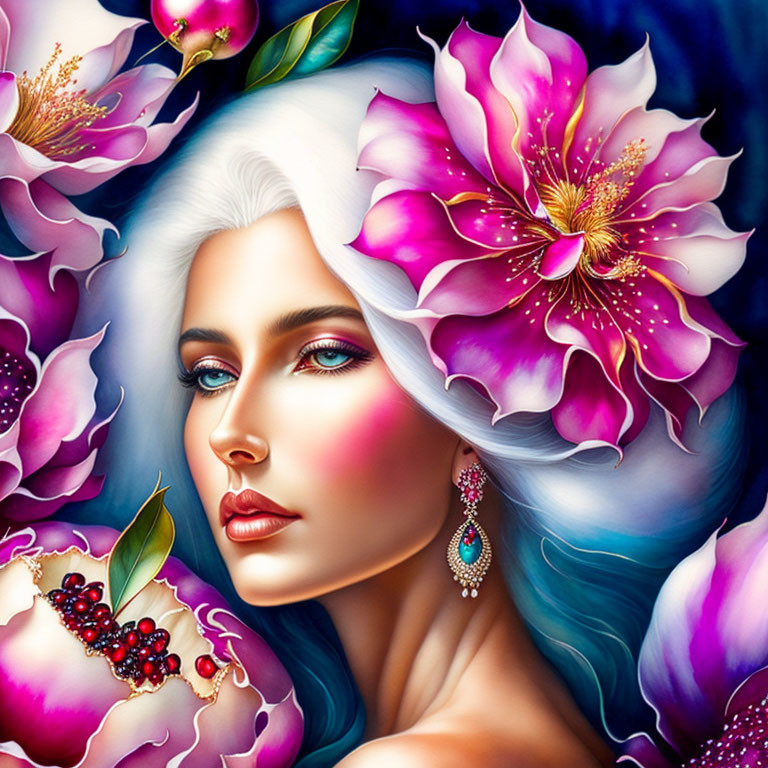 Vibrant illustration of woman with blue hair and pink flowers