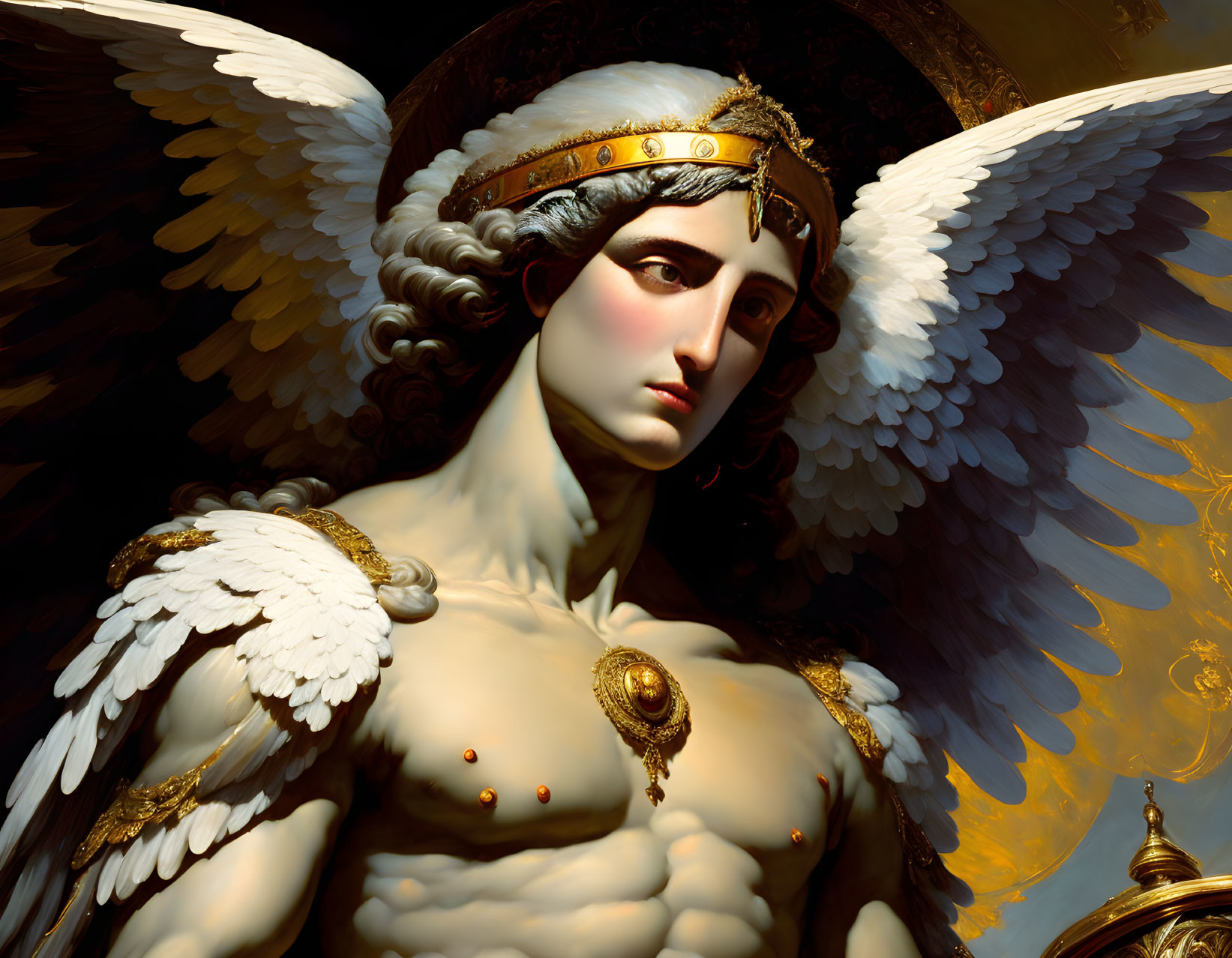 Detailed painting of an angelic figure in golden armor and wings.