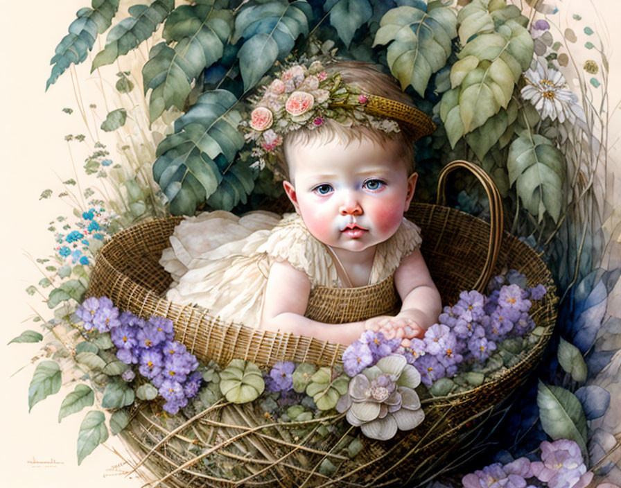 Baby in flower headband in wicker basket surrounded by lush greenery and flowers