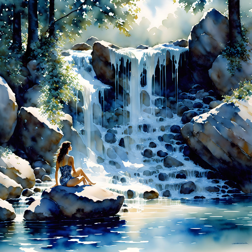 Person sitting on rock by serene waterfall and lush trees.