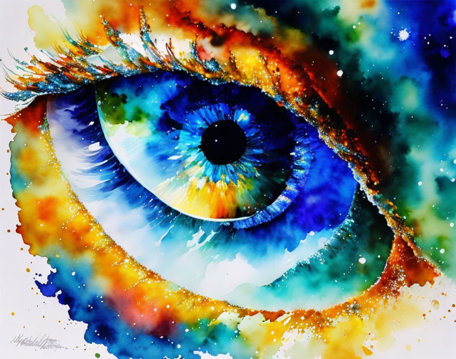 Colorful Watercolor Painting of Human Eye with Blue Iris