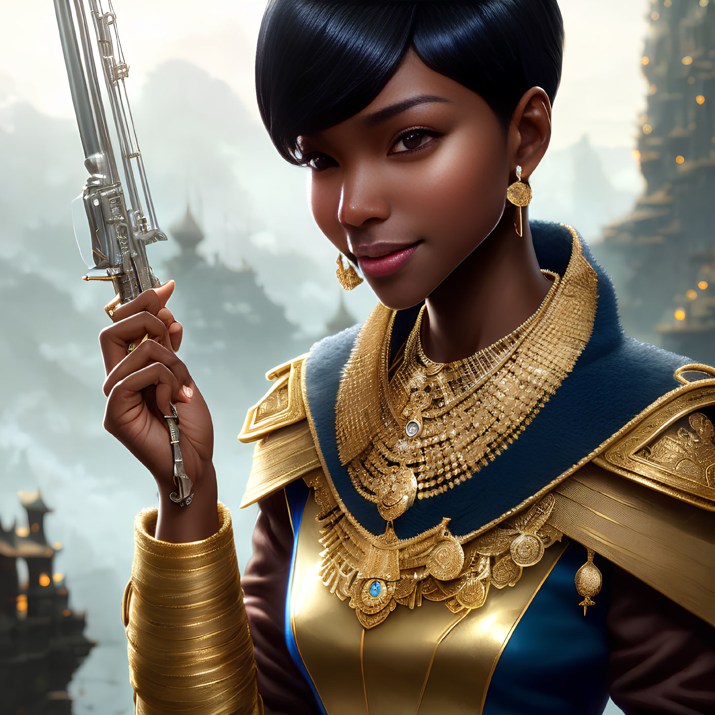 Digital artwork: Woman with short hair holding futuristic sword in ornate outfit.