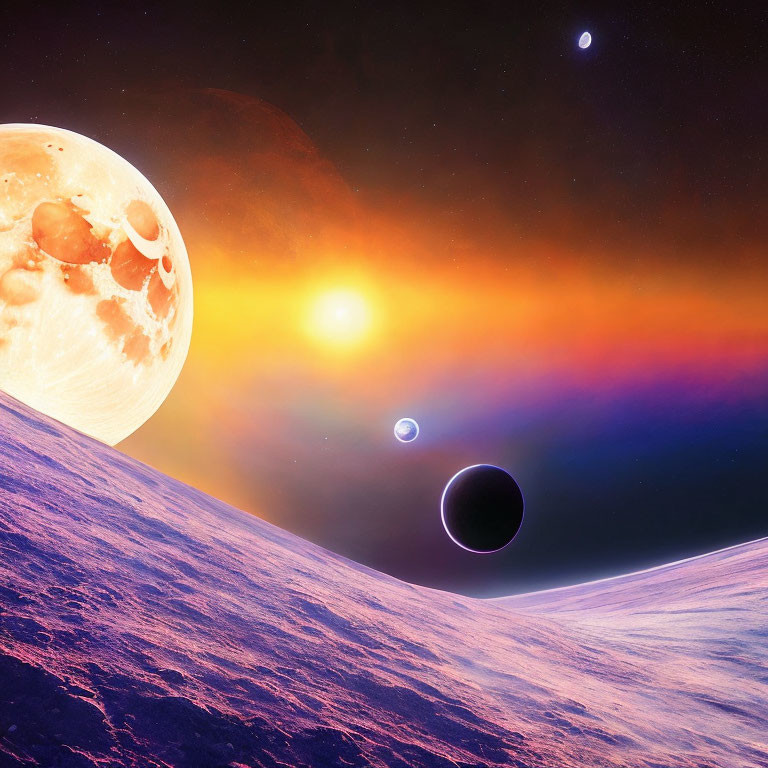 Alien landscape with large moon, planets, and star in vibrant space scene