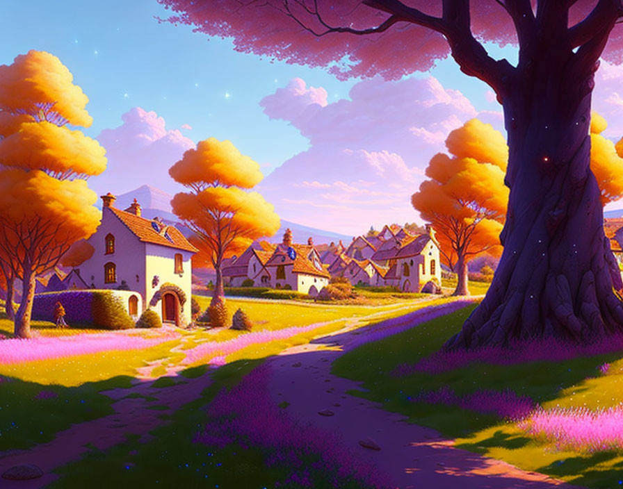 Scenic village with quaint houses, tree, and sunset hues