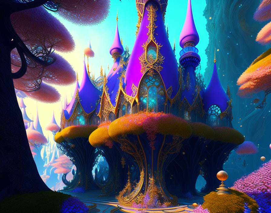 Fantastical Landscape with Mushroom-Shaped Structures and Unique Flora