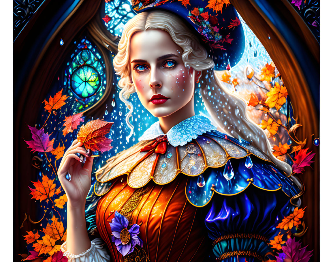 Illustrated portrait of fair-skinned woman in autumn attire against stained-glass backdrop