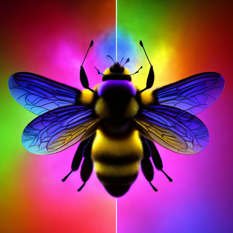 Colorful Bee Illustration on Symmetrical Rainbow Background