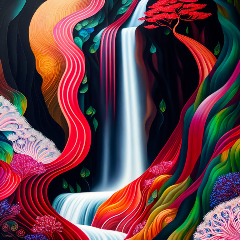 Colorful waterfall surrounded by whimsical plant life in dreamlike scene