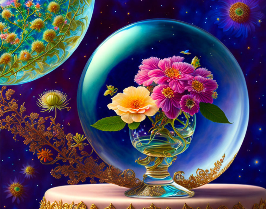 Colorful Digital Artwork: Glass Vase, Pink & Yellow Flowers, Cosmic Background