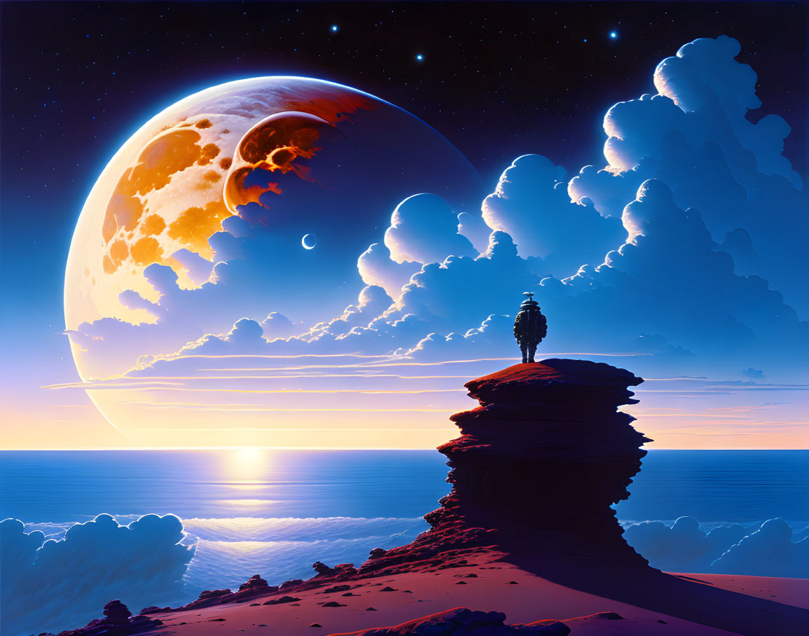 Person standing on rocky outcrop overlooking surreal sea with moon and stars