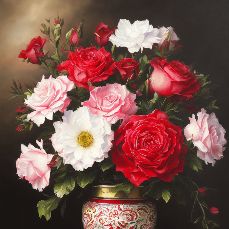 Colorful Red, Pink, and White Roses in Ornate Vase