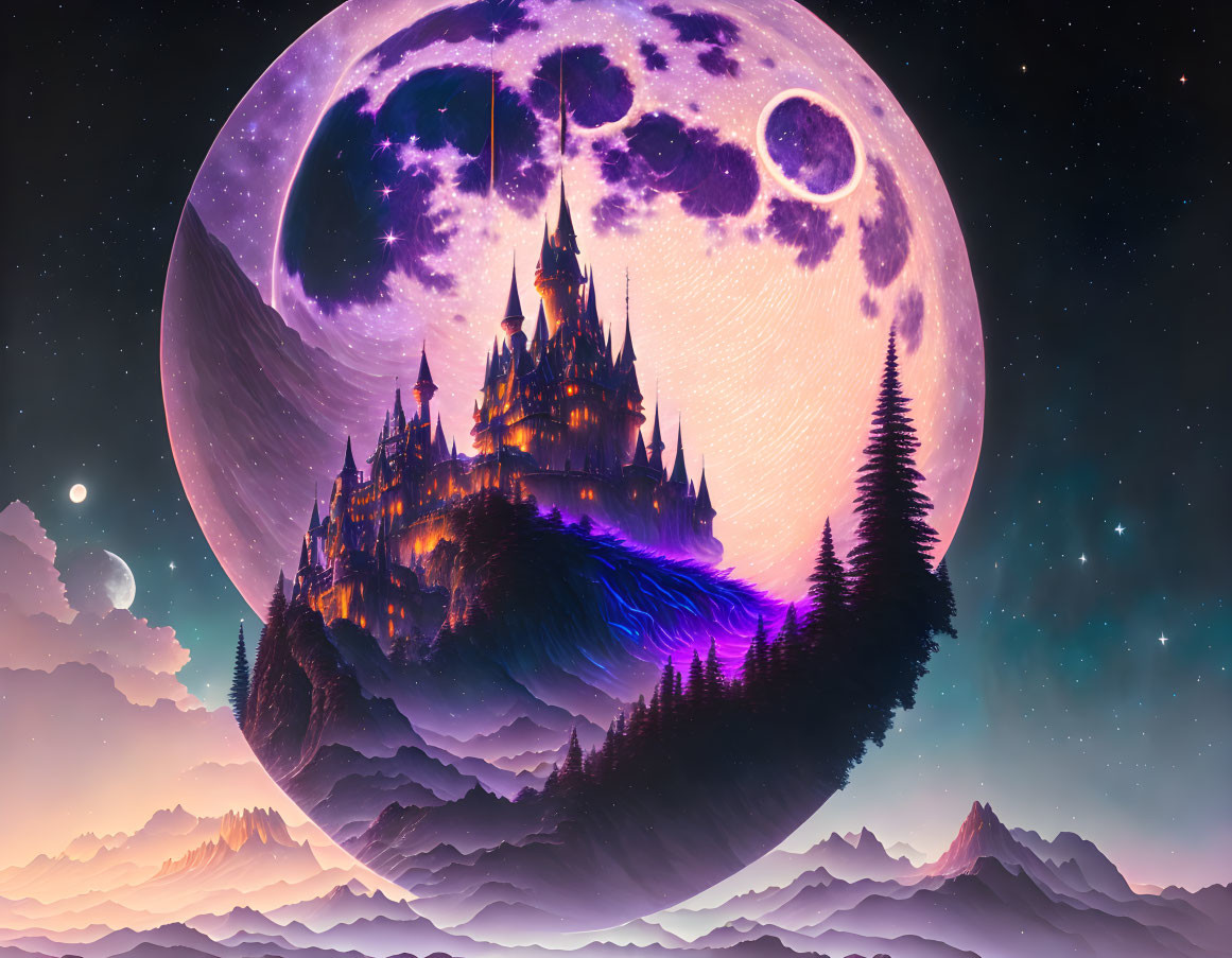 Fantastical landscape with glowing castle on mountain under giant moon and starry sky