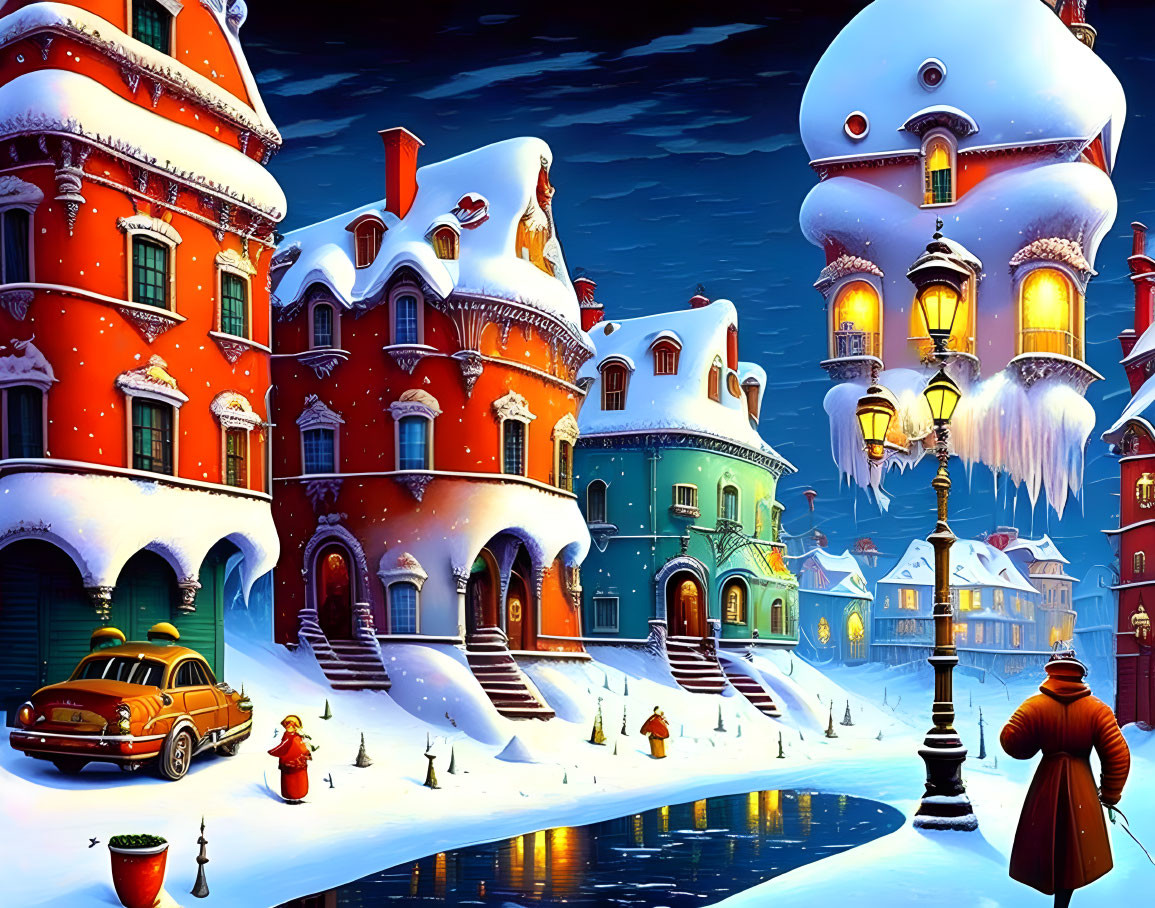 Colorful snowy Christmas town at night with classic car, streetlamps, and person in coat