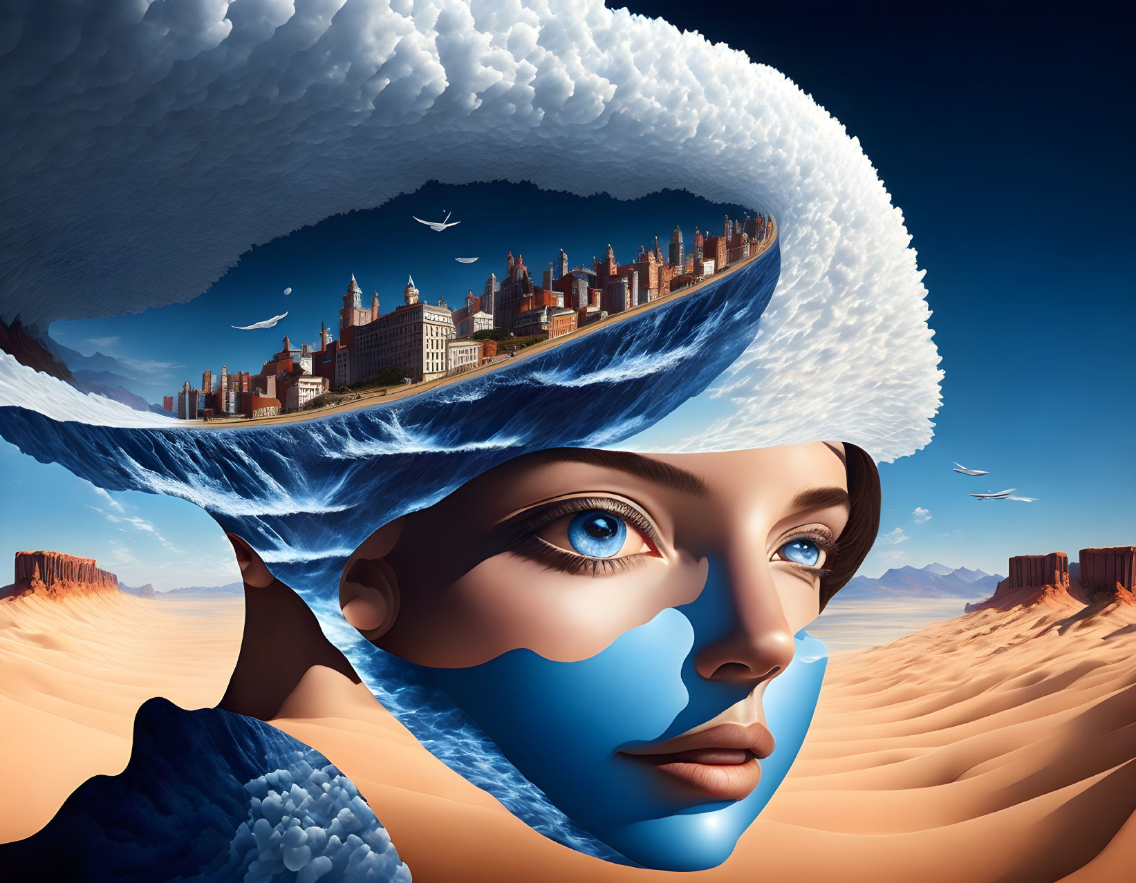 Surreal illustration: woman's face merges with cityscape and desert landscape