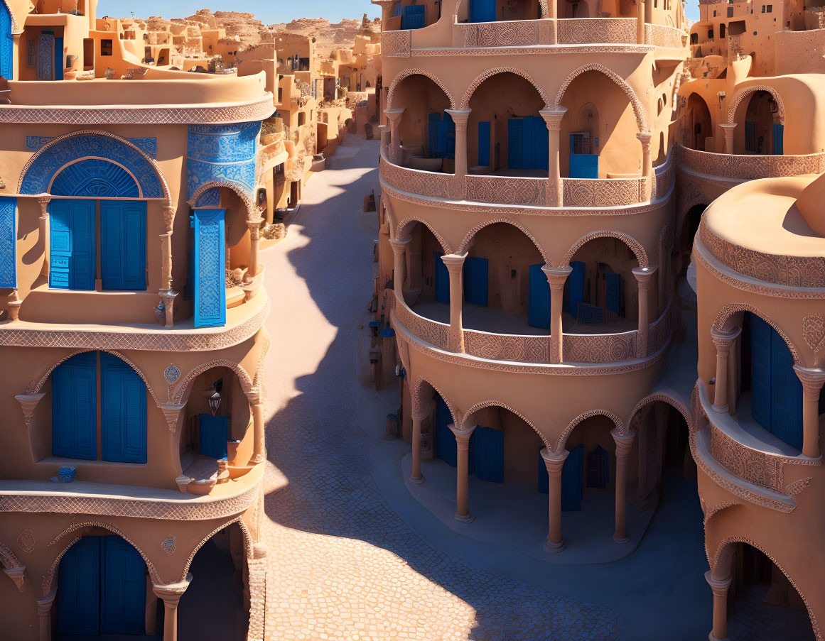 Deserted Middle-Eastern town with terracotta buildings and blue doors