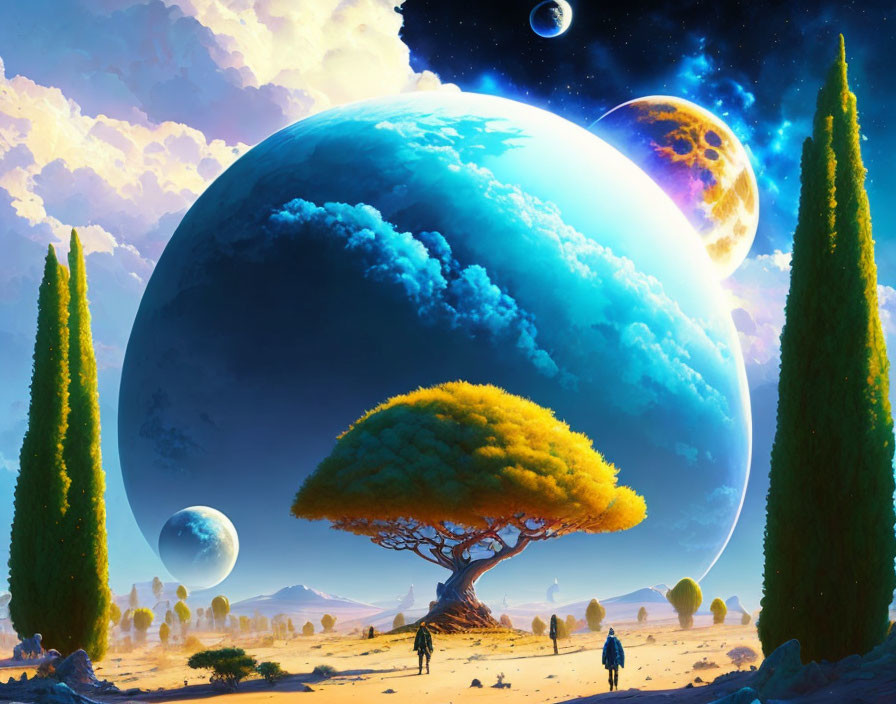 Futuristic sci-fi landscape with giant planets above a desert scene