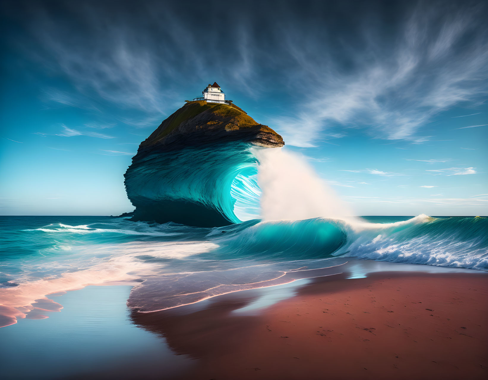 Scenic lighthouse on cliff overlooking ocean wave and dynamic sky