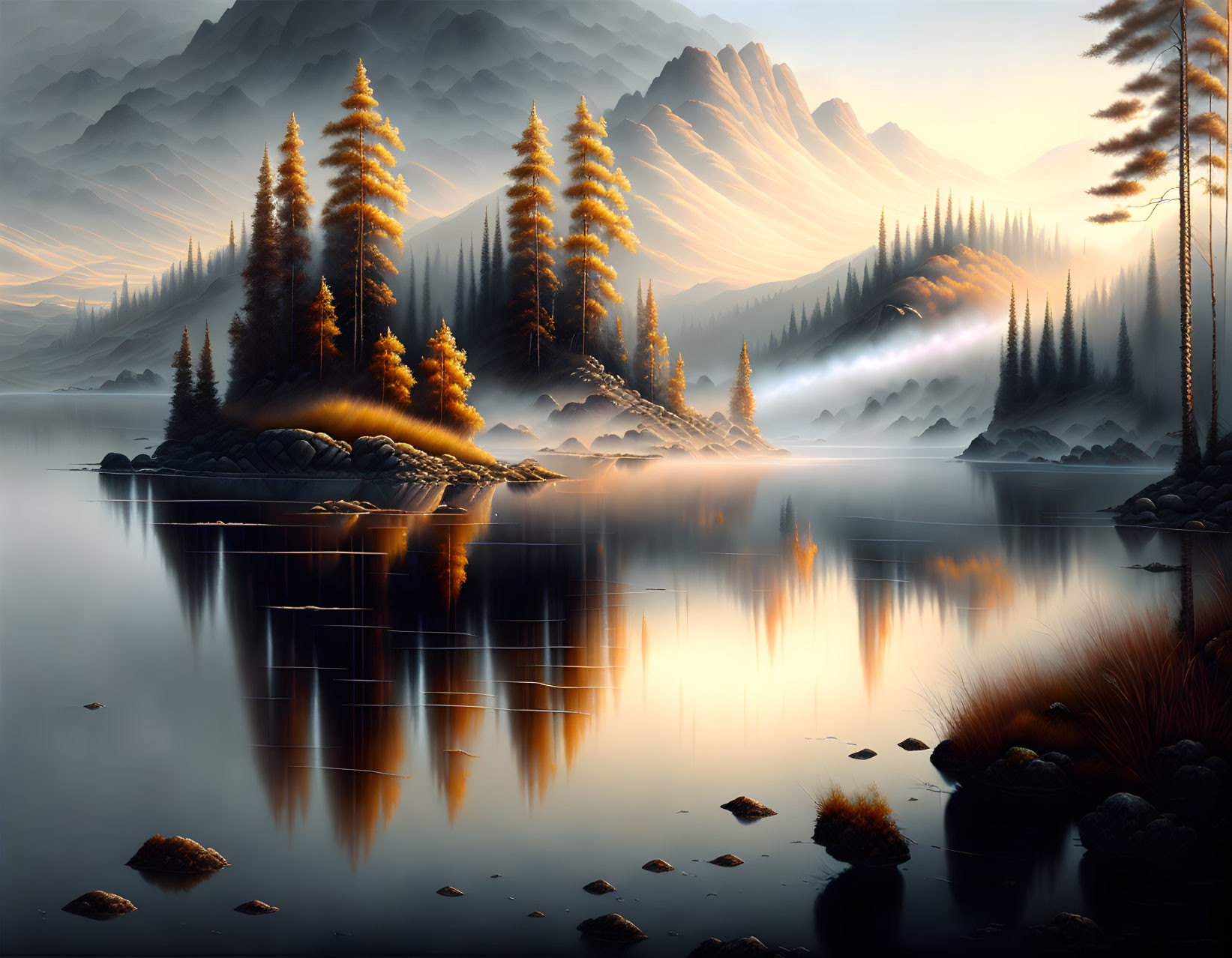 Autumnal trees and misty mountains by serene lake at dusk