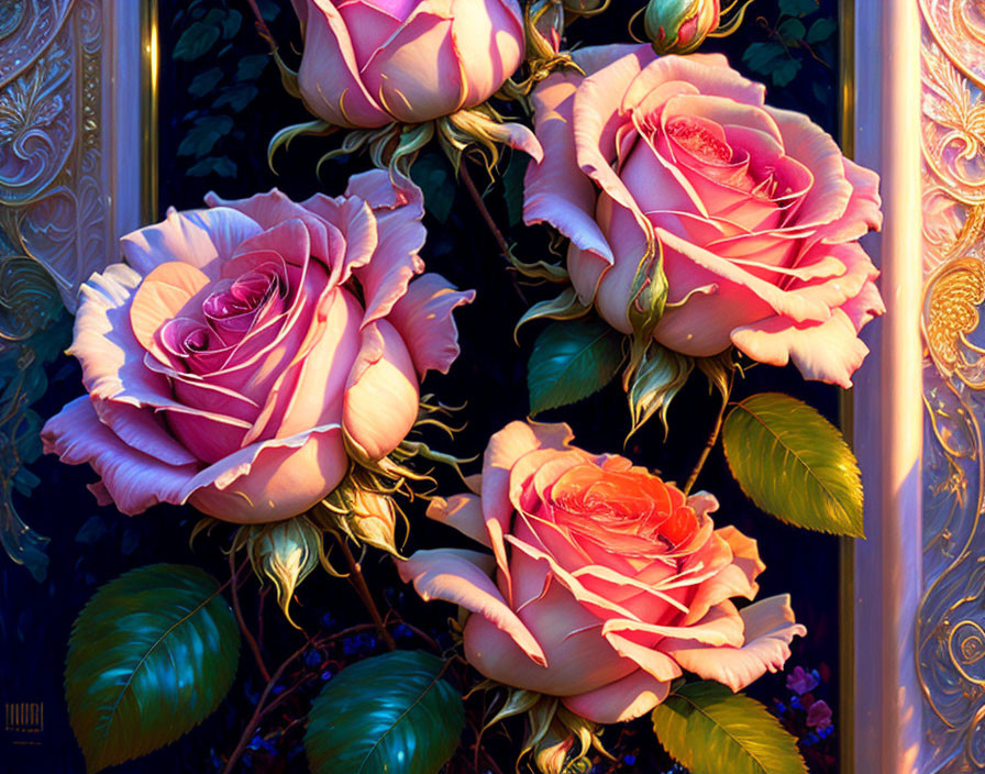 Pink Ombré Roses on Gold-Accented Blue Background