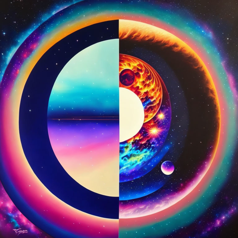 Colorful circular artwork transitions from day to night with ocean and space scenes