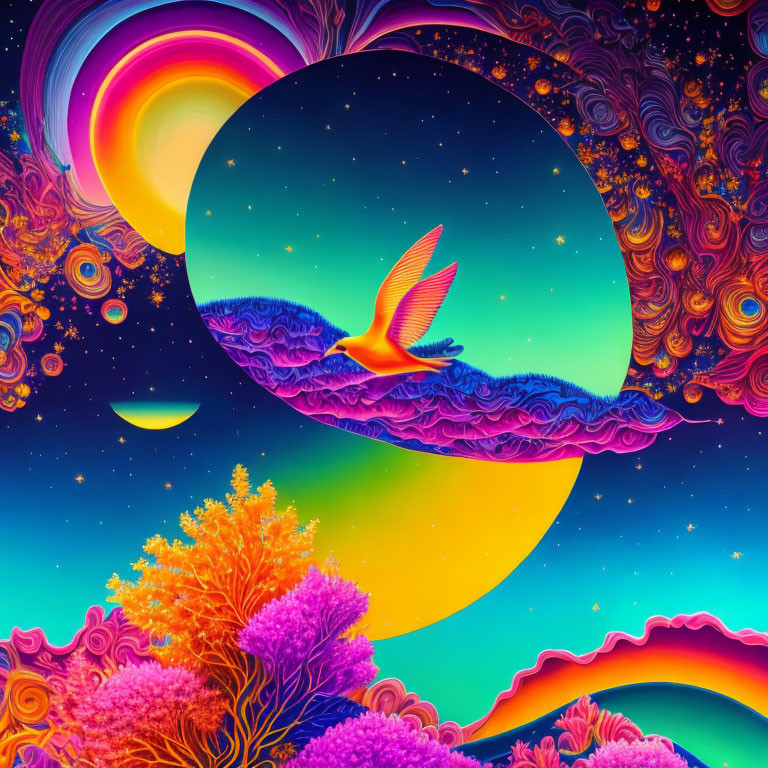 Colorful bird flying over surreal moonlit landscape