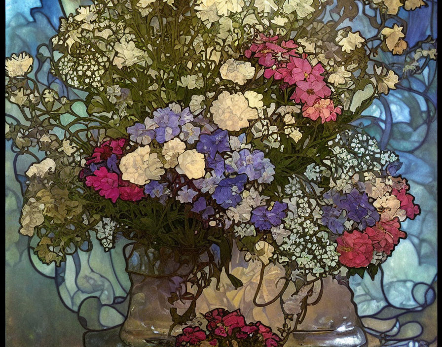 Colorful Hydrangea Bouquet Against Stained Glass Background