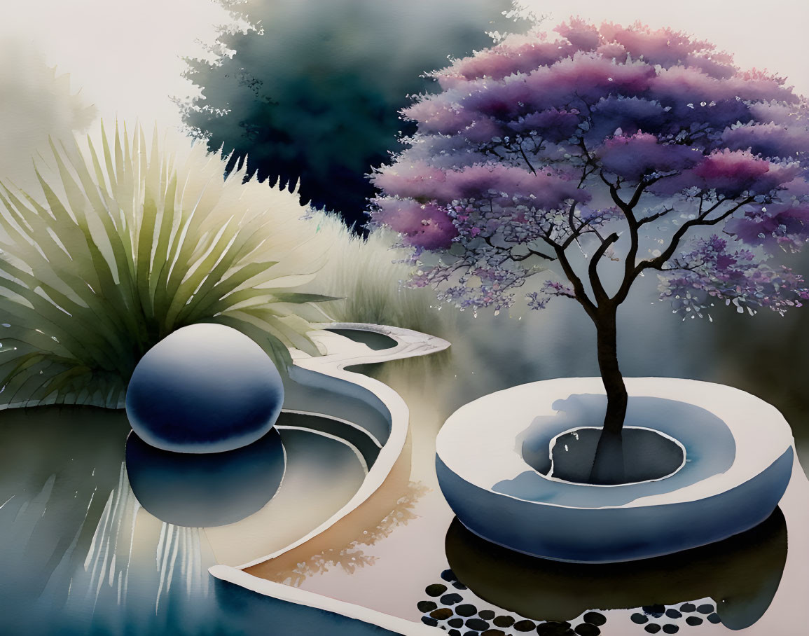 Tranquil watercolor landscape with purple tree and sculptures