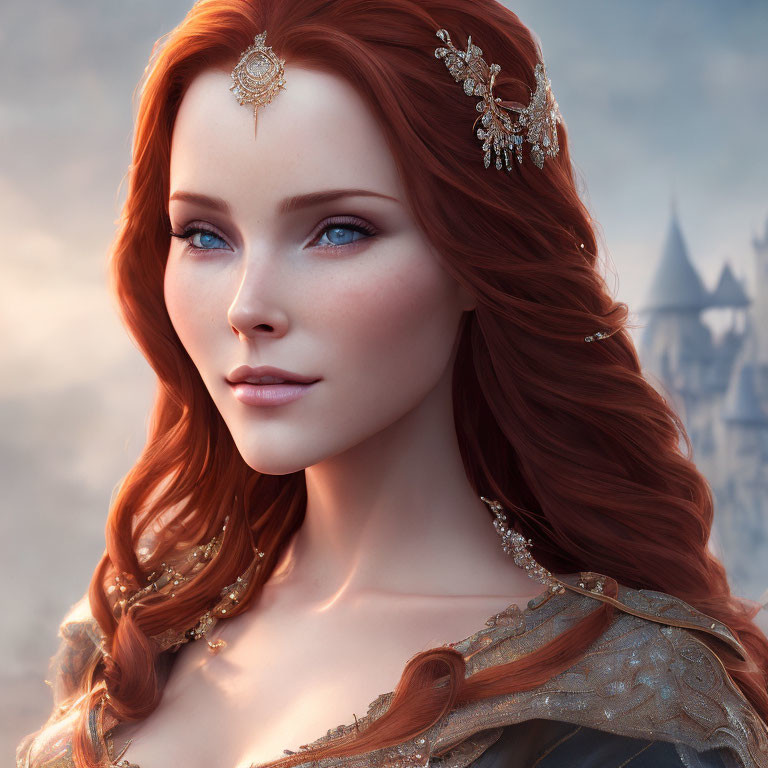 Digital Artwork: Woman with Red Hair and Gold Jewelry in Castle Setting