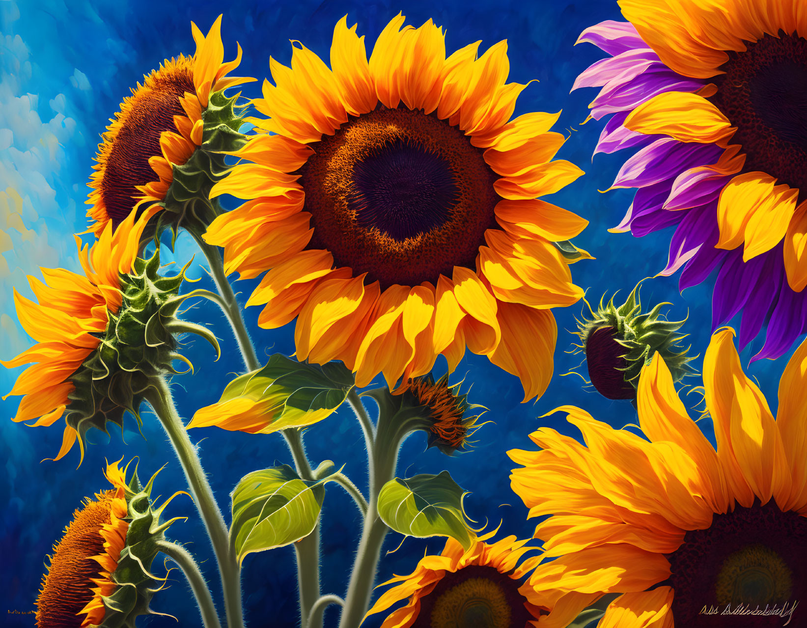 Colorful Sunflower Painting on Blue Sky Background