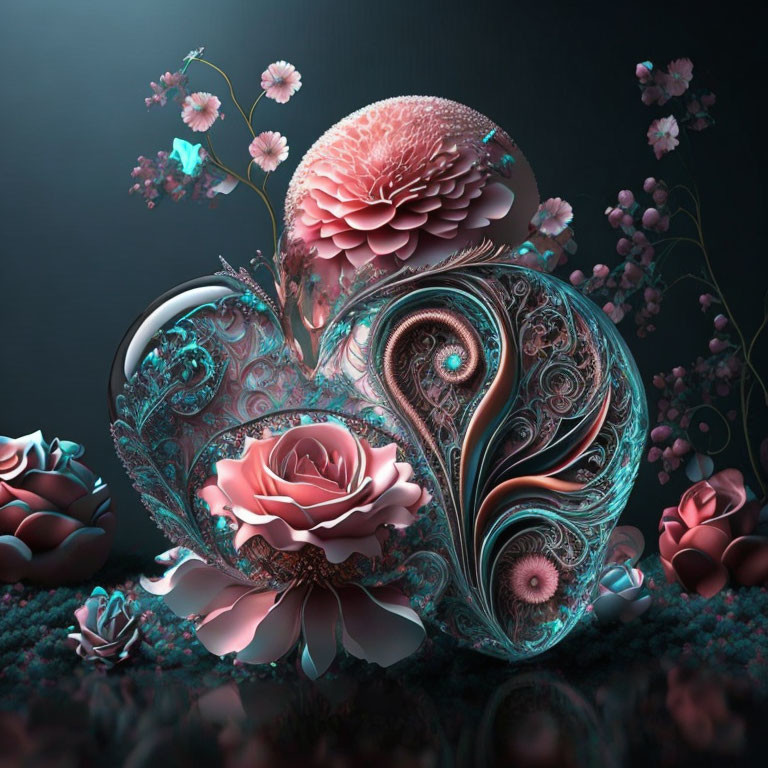 Heart-shaped teal design with pink roses on dark background