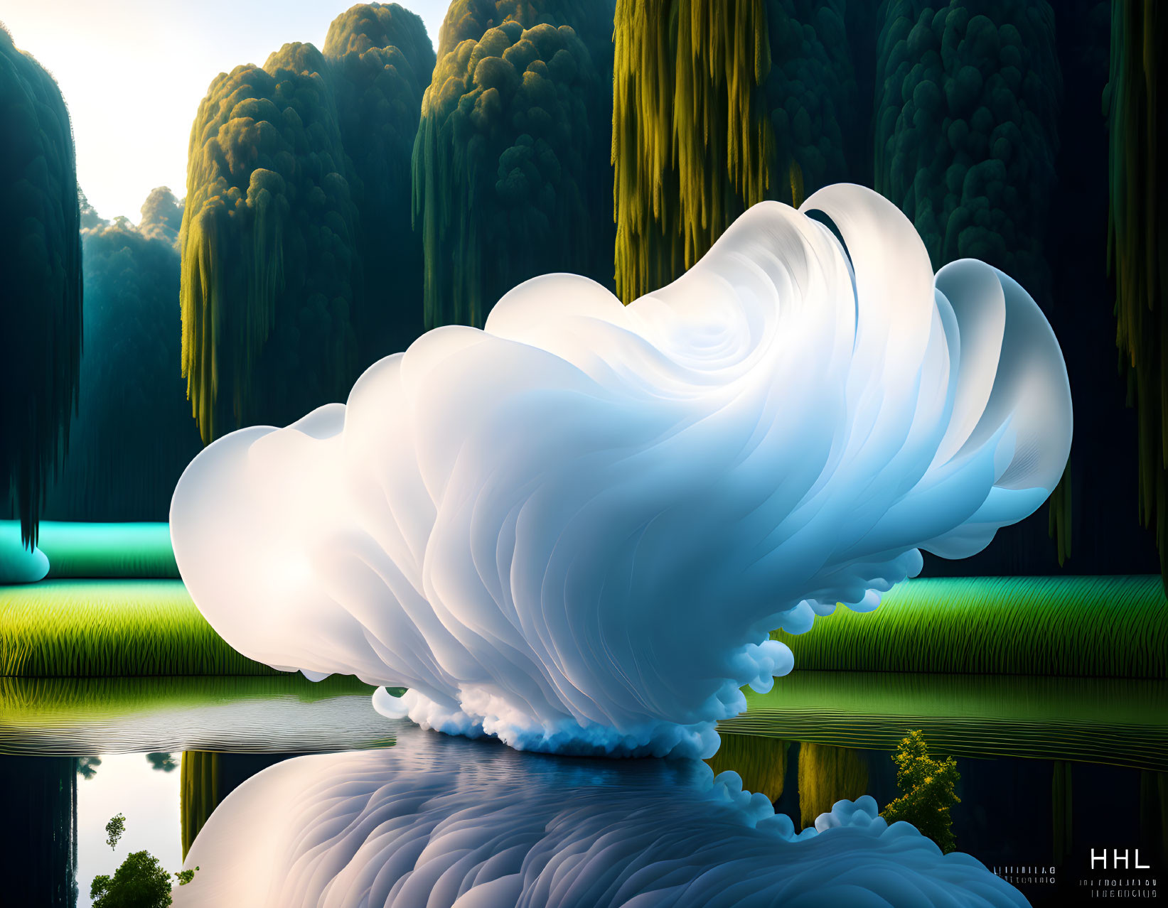 Surreal cloud-like structure over tranquil water with lush greenery