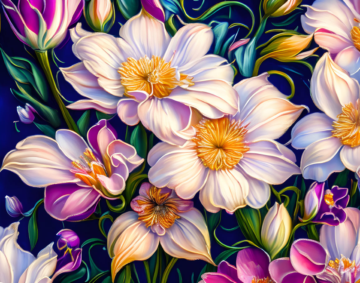 Colorful Floral Pattern with White and Purple Flowers on Dark Blue Background