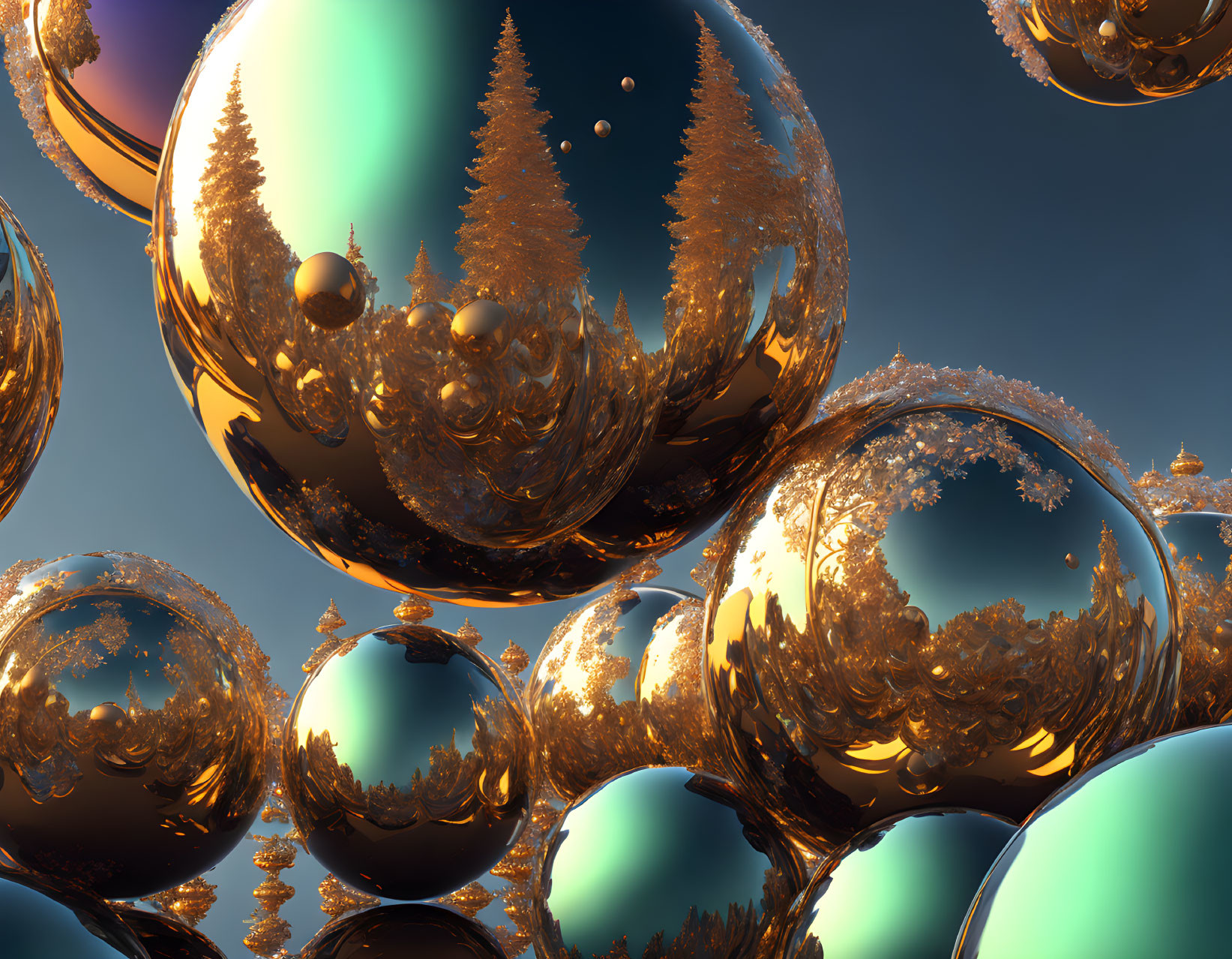 Intricate fractal patterns on reflective spheres in blue sky