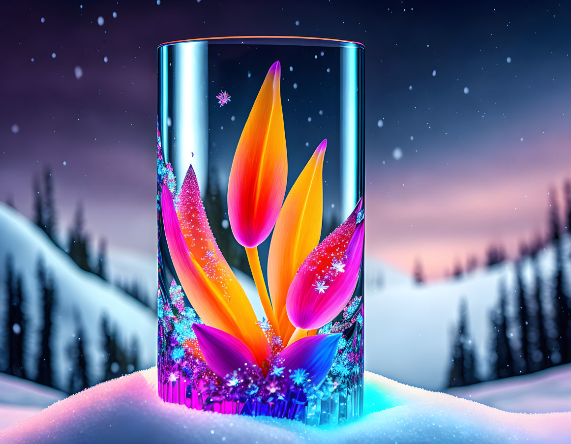 Colorful floral pattern glass on snowy surface in twilight winter landscape